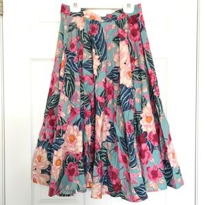 Hell Bunny 100% Cotton Floral Pink Blue Midi A-Line Skirt XS Leaves